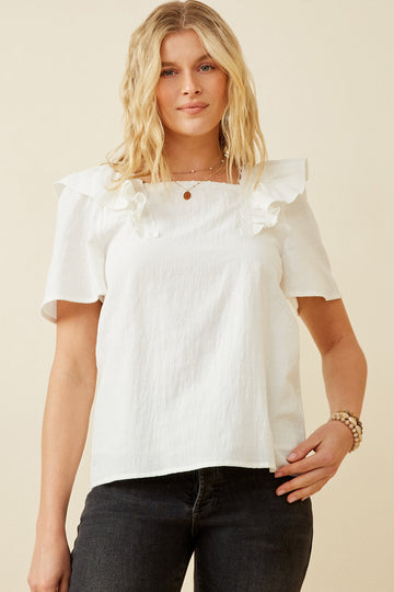 HK1736 OFF WHITE Womens Lace Trimmed Wide Ruffle Detail Top Front